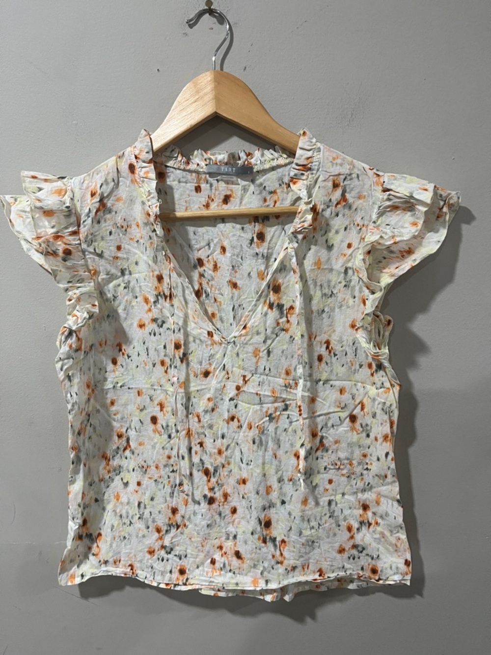 Tart White Floral Ruffle Sleeve Camisole with Orange Accents